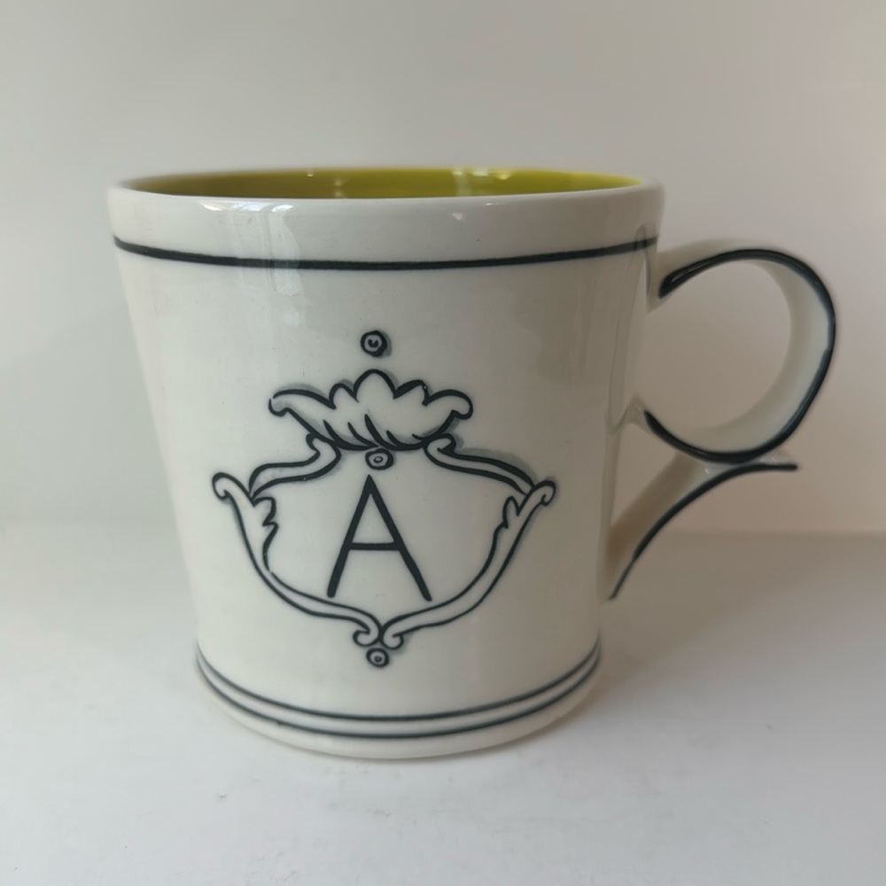 Anthropologie Molly Hatch Monogram "A" White Green Ceramic Mug Coffee Cup 16oz